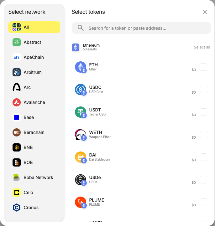Sweep app token picker with a list of networks on the left and Ethereum tokens with selection checkboxes on the right